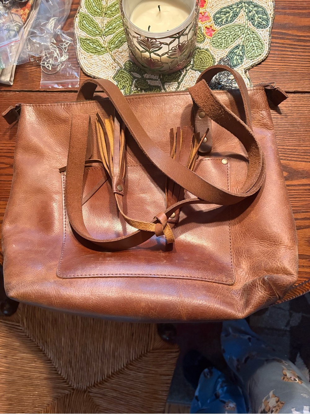 Brown Leather Tassel Tote Bag